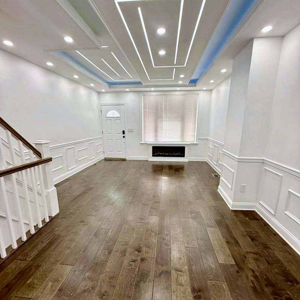 Renovated living room with fireplace